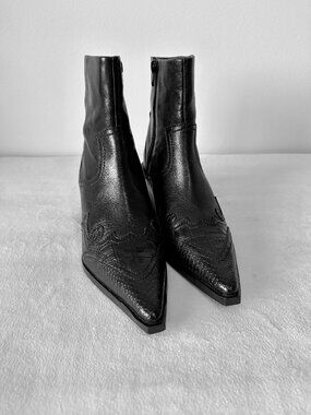 Black Leather Ankle "Cowboy" Boots by TopShop - Made in India